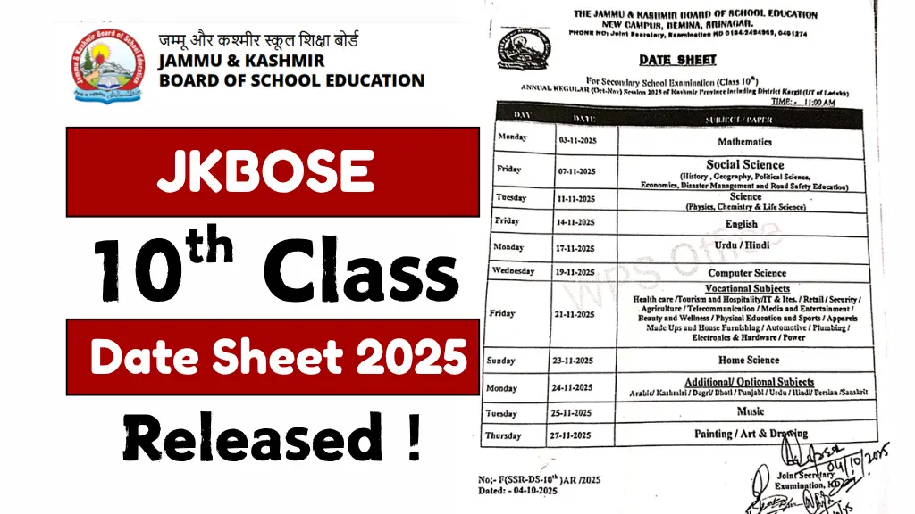 JKBOSE 10th Date Sheet 2025