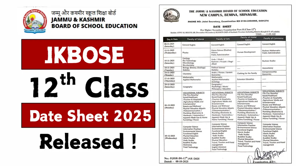 JKBOSE 12th Class Date Sheet 2025